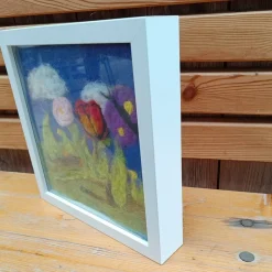Filzkunst, Filzblumen, Osterbild, gefilzt im 3-D- Bilderrahmen