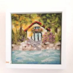 Filzkunst "Haus am See" gefilzt im3-D- Bilderrahmen