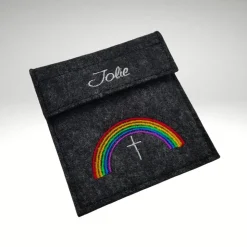 Filztäschchen Rosenkranz NAME REGENBOGEN Kreuz personalisierbar Rosenkranztasche Wollfilz