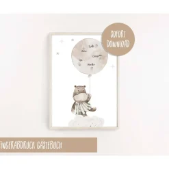 Fingerabdruck Gästebuchposter Gästebuch Kinder Taufe Babyparty Nilpferd Ballon, Digital Download