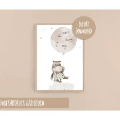 Fingerabdruck Gästebuchposter Gästebuch Kinder Taufe Babyparty Nilpferd Ballon, Digital Download