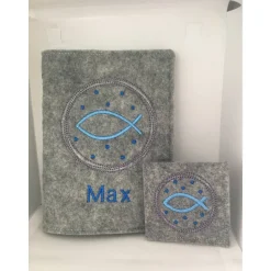 Fisch im Kreis Set Gotteslobhülle + Rosenkranztasche Gebetbuch Hülle Geschenk Kommunion Firmung Geschenkidee personalisi