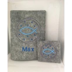 Fisch im Kreis Set Gotteslobhülle + Rosenkranztasche Gebetbuch Hülle Geschenk Kommunion Firmung Geschenkidee personalisi