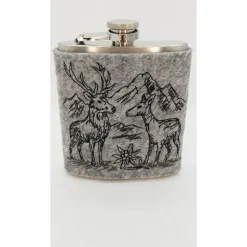 Flachmann aus Edelstahl mit bestickter Filzhülle