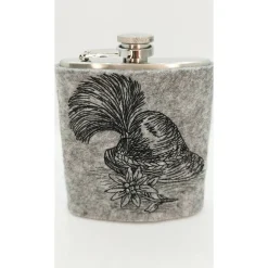 Flachmann aus Edelstahl mit bestickter Filzhülle