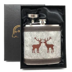 Flachmann Edelstahl 180 ml + Hülle bestickt mit Hirsch aus Wollfilz + Leder inkl. Geschenkbox - Farbauswahl
