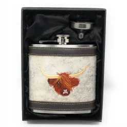 Flachmann Edelstahl 180 ml + Hülle bestickt mit Highlandrind aus Wollfilz + Leder inkl. Geschenkbox - Farbauswahl