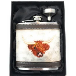 Flachmann Edelstahl 180 ml + Hülle bestickt mit Highlandrind aus Wollfilz + Leder inkl. Geschenkbox - Farbauswahl