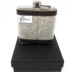 Flachmann Edelstahl 180 ml + Hülle bestickt mit Highlandrind aus Wollfilz + Leder inkl. Geschenkbox - Farbauswahl