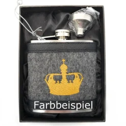 Flachmann Edelstahl 180 ml + Hülle bestickt mit Krone aus Wollfilz + Leder inkl. Geschenkbox - Farbauswahl