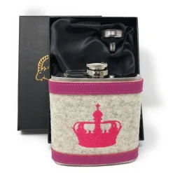 Flachmann Edelstahl 180 ml + Hülle bestickt mit Krone aus Wollfilz + Leder inkl. Geschenkbox - Farbauswahl