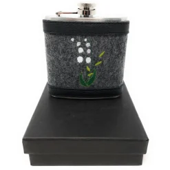 Flachmann Edelstahl 180 ml + Hülle bestickt mit Maiglöckchen aus Wollfilz + Leder inkl. Geschenkbox - Farbauswahl