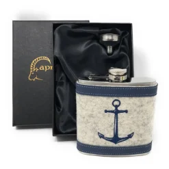 Flachmann Edelstahl 180 ml + Hülle bestickt mit Anker aus Wollfilz + Leder inkl. Geschenkbox - Farbauswahl