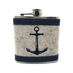 Flachmann Edelstahl 180 ml + Hülle bestickt mit Anker aus Wollfilz + Leder inkl. Geschenkbox - Farbauswahl