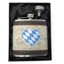 Flachmann Edelstahl 180 ml + Hülle bestickt mit Bayern-Herz aus Wollfilz + Leder inkl. Geschenkbox - Farbauswahl