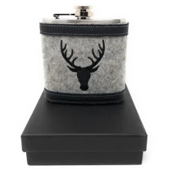 Flachmann HIRSCH + Hülle bestickt Wollfilz + Leder inkl. Geschenkbox - Farbauswahl Edelstahl 180 ml