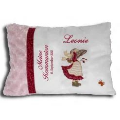 Flauschiges besticktes Kissen zur Erstkommunion mit Namen und niedlicher Vintage Mädchen-Applikation Schmusekissen
