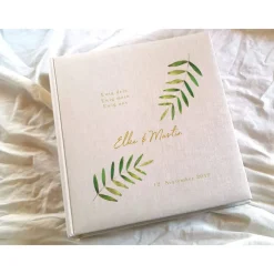 Fotoalbum echtes Leinen personalisierbar Greenery Farn Hochzeitsalbum Gästebuch