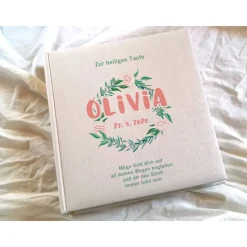 Fotoalbum echtes Leinen personalisierbar Taufe Geburt Aquarell Greenery Symbole Gästebuch