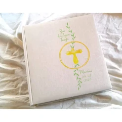 Fotoalbum echtes Leinen personalisierbar Taufe Geburt Aquarell Kreuz Greenery Gästebuch