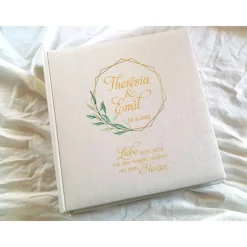 Fotoalbum echtes Leinen personalisierbar Goldrahmen Hochzeitsalbum Gästebuch