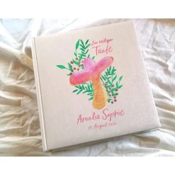 Fotoalbum echtes Leinen personalisierbar Taufe Geburt Aquarell Kreuz Greenery Gästebuch