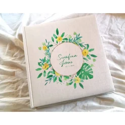 Fotoalbum echtes Leinen personalisierbar Greenery Monstera Hochzeitsalbum Gästebuch