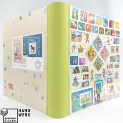 Fotoalbum, Geburt, Taufe, Kind, personalisierbar, hellgrün, Briefmarken, 30,7 x 30 cm, UNIKAT