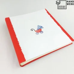 Fotoalbum, hellrot, handgeschöpft, Kinderwagen, personalisierbar, ca. 24 x 24 cm, Geburt