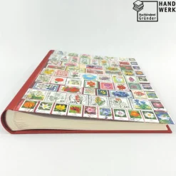 Fotoalbum, Hochzeit, personalisierbar, dunkelrot, Blumen, Briefmarken, 29 x 23 cm, UNIKAT upcycling