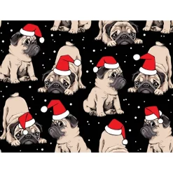 French Terry Stoff Weihnachtsmops mit Nikolausmütze – Sweat Meterware in Rot, Weiß, Beige, Schwarz – Öko-Tex