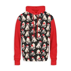 French Terry Stoff Weihnachtsmops mit Nikolausmütze – Sweat Meterware in Rot, Weiß, Beige, Schwarz – Öko-Tex