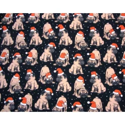 French Terry Stoff Weihnachtsmops mit Nikolausmütze – Sweat Meterware in Rot, Weiß, Beige, Schwarz – Öko-Tex