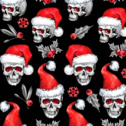 French Terry Sweat Totenkopf mit Nikolausmütze – Weihnachtstotenköpfe Meterware – Skulls Stoff nähen