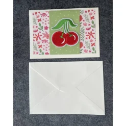 Fröhliche Grusskarte mit Kirschen Motiv, Handarbeit mit Umschlag