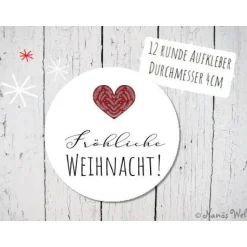 Fröhliche Weihnacht! mit Herz auf 12 Papieraufklebern in rot mit schwarz-weiß 4cm rund