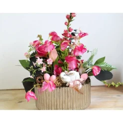 Frühlingsdeko Tischgesteck rosa silberfarbig edel Hase