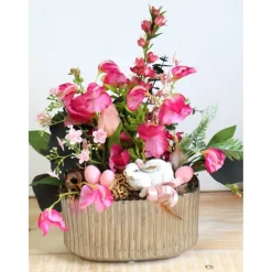 Frühlingsdeko Tischgesteck rosa silberfarbig edel Hase