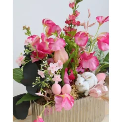 Frühlingsdeko Tischgesteck rosa silberfarbig edel Hase