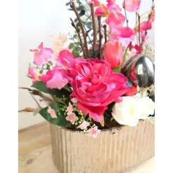 Frühlingsdeko Tischgesteck rosa silberfarbig