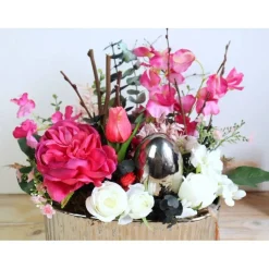 Frühlingsdeko Tischgesteck rosa silberfarbig