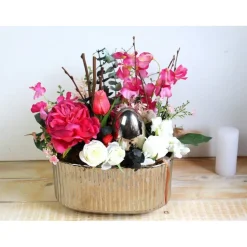 Frühlingsdeko Tischgesteck rosa silberfarbig