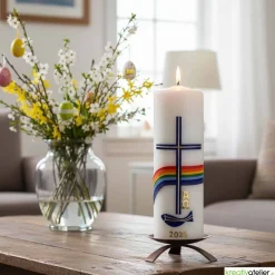 Friede sei mit Euch – Christliche Osterkerze handverziert mit Fisch, Kreuz, Regenbogen & Alpha/Omega