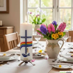 Friede sei mit Euch – Christliche Osterkerze handverziert mit Fisch, Kreuz, Regenbogen & Alpha/Omega
