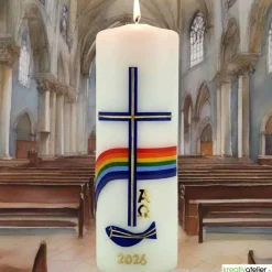 Friede sei mit Euch – Christliche Osterkerze handverziert mit Fisch, Kreuz, Regenbogen & Alpha/Omega