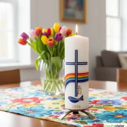 Friede sei mit Euch – Christliche Osterkerze handverziert mit Fisch, Kreuz, Regenbogen & Alpha/Omega