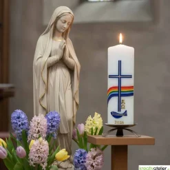 Friede sei mit Euch – Christliche Osterkerze handverziert mit Fisch, Kreuz, Regenbogen & Alpha/Omega