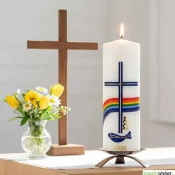 Friede sei mit Euch – Christliche Osterkerze handverziert mit Fisch, Kreuz, Regenbogen & Alpha/Omega