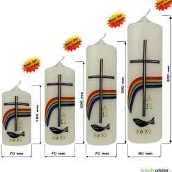 Friede sei mit Euch – Christliche Osterkerze handverziert mit Fisch, Kreuz, Regenbogen & Alpha/Omega