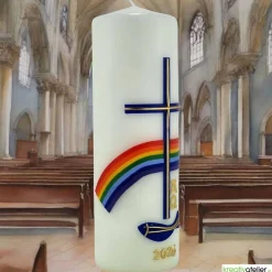 Friede sei mit Euch – Christliche Osterkerze handverziert mit Fisch, Kreuz, Regenbogen & Alpha/Omega